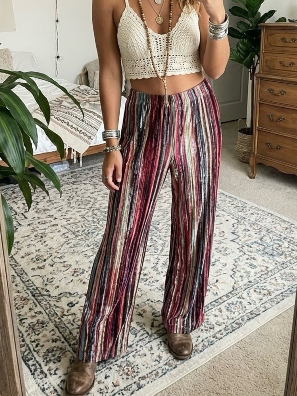 The Pyramid Collection Striped Burnout Velvet Wide Leg Pants Boho Hippie Medium